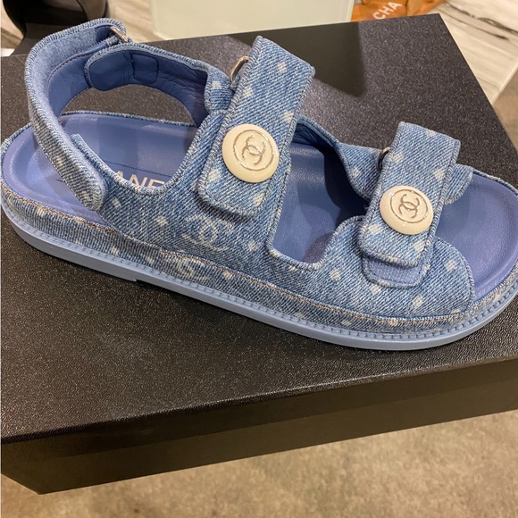 CHANEL Shoes - Chanel dad sandals in denim, size 38, gently worn, receipt from Saks Chanel